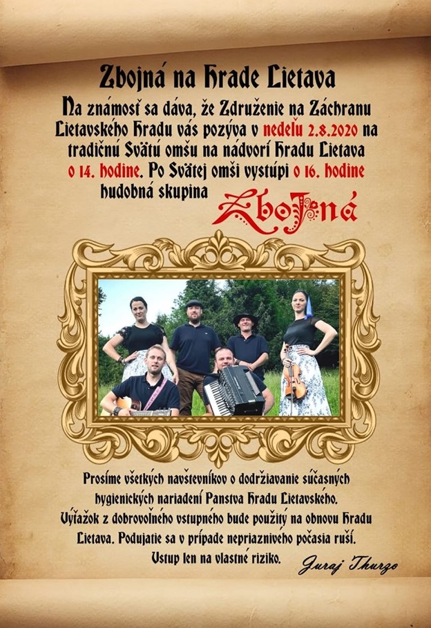Sv. omša na nádvorí hradu a vystúpenie Zbojnej 2020 08 02 Pozvanka Omsa Zbojna